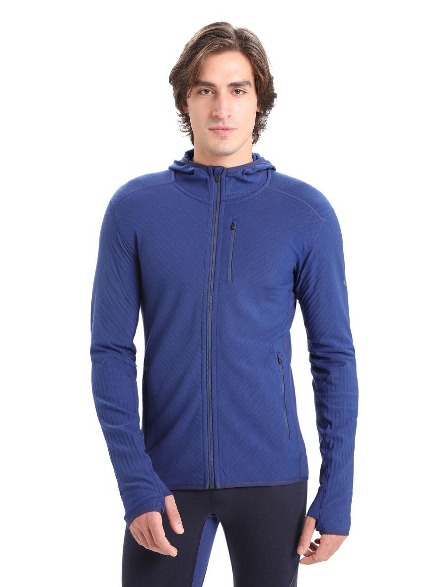 Icebreaker RealFleece™ Merino Descender Long Sleeve Zip Hood Férfi Kapucnis Pulóver Királykék Sötétkék | HU 1254PJJQ